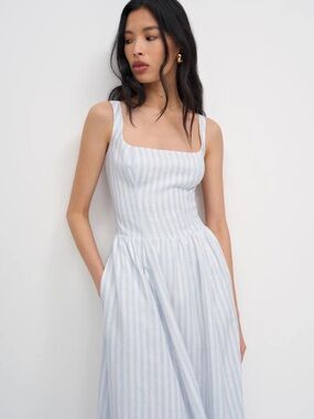 NEW Reformation Janu Midi Linen Dress Swan Stripe Blue White | US 4 / UK 8